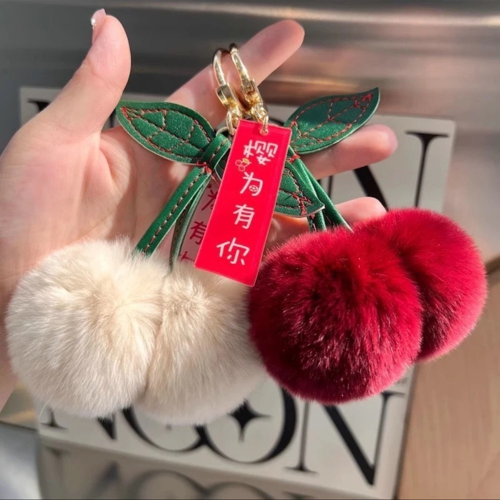 Rabbit Fur Ball Pompom Leaf Keychain Cherry Key Chain Handbag Pendant key